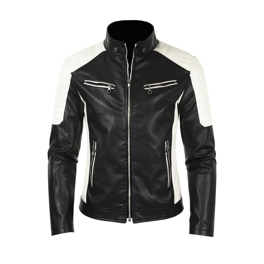 Men's Stand-up Collar Block Slim-fit Leather Jacket (DTF)