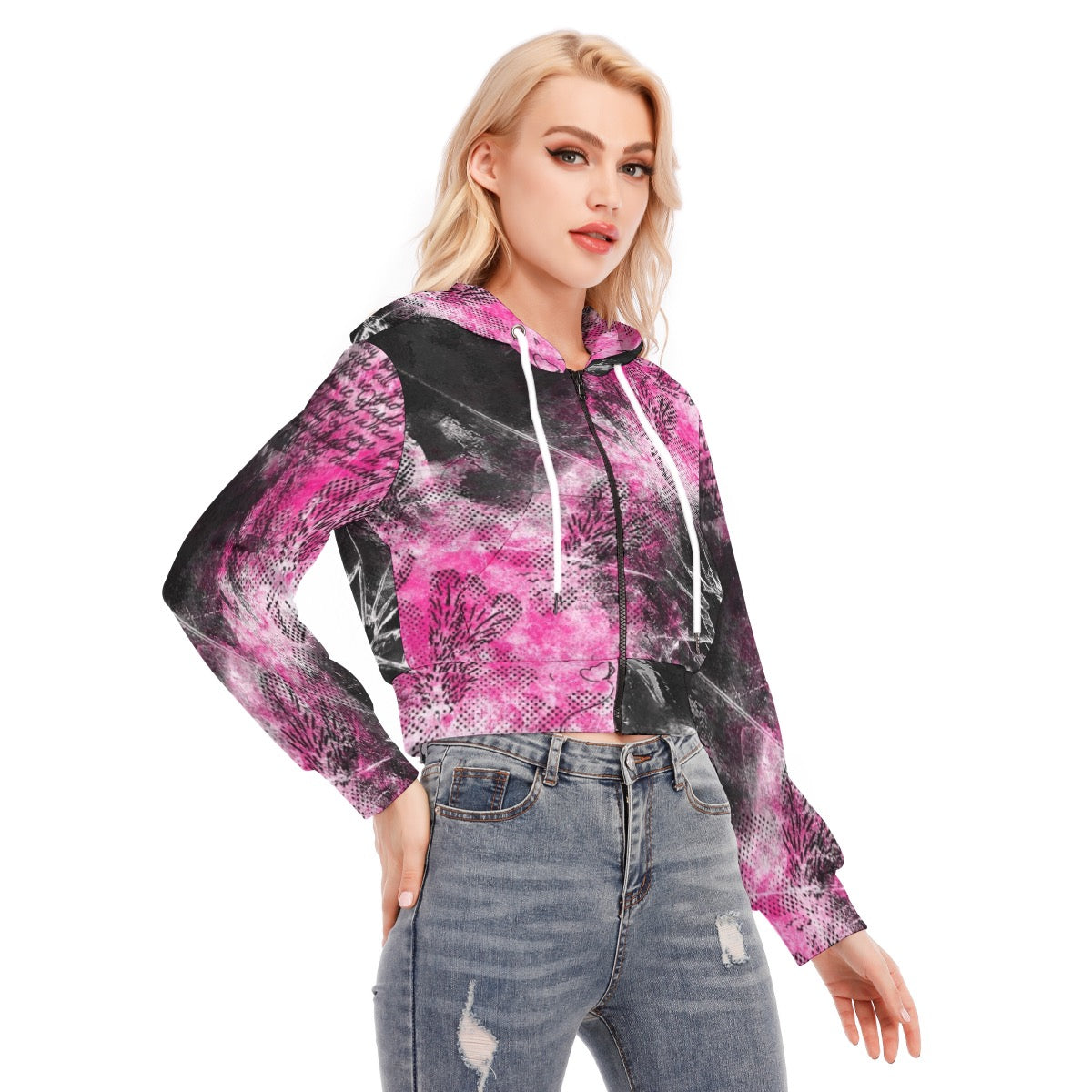All-Over Print Women's Crop Top Hoodie With Zipper Closure