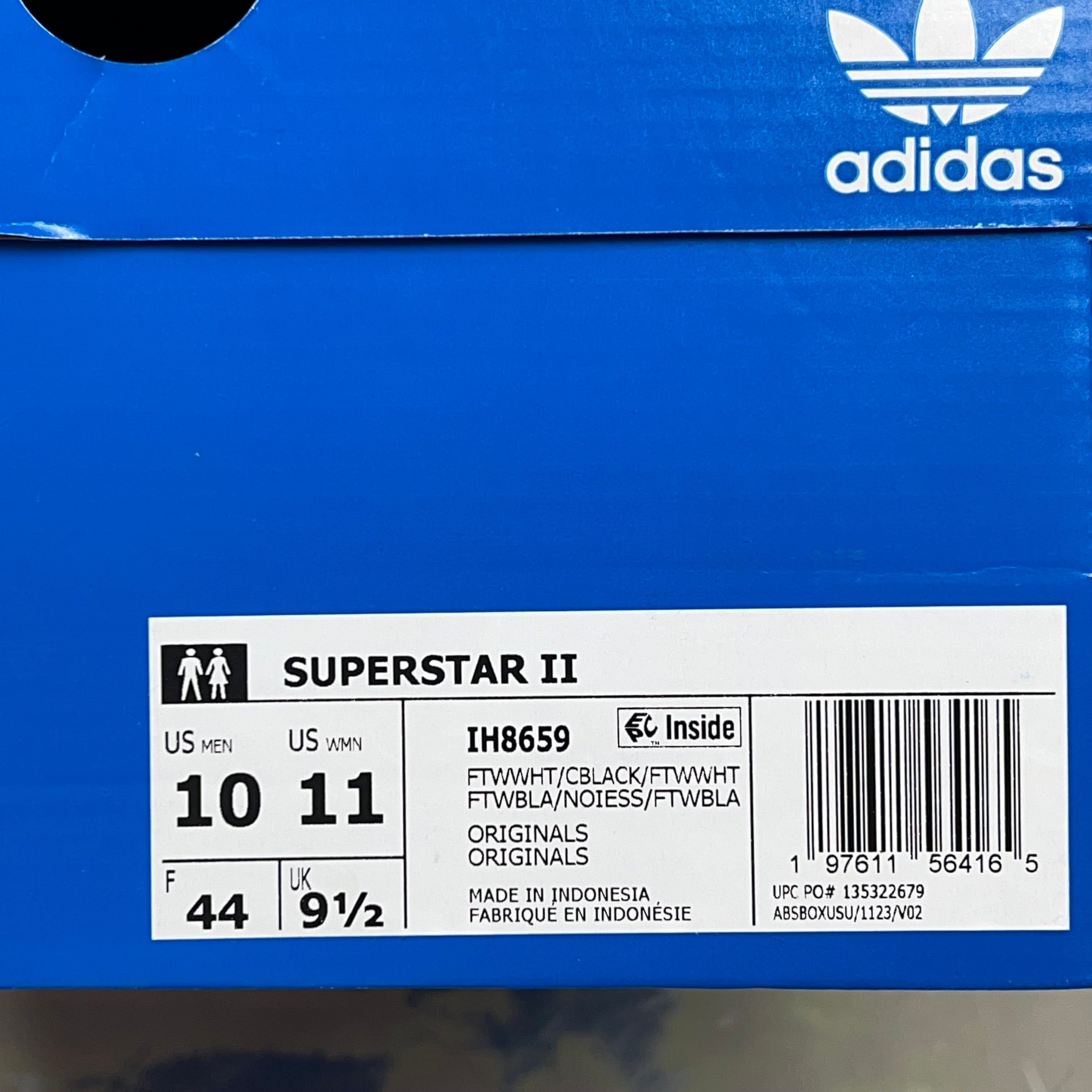 ADIDAS Superstar II Lowtop Sneakers Men's Sz 10 Women's Sz 11 White/Black IH8659