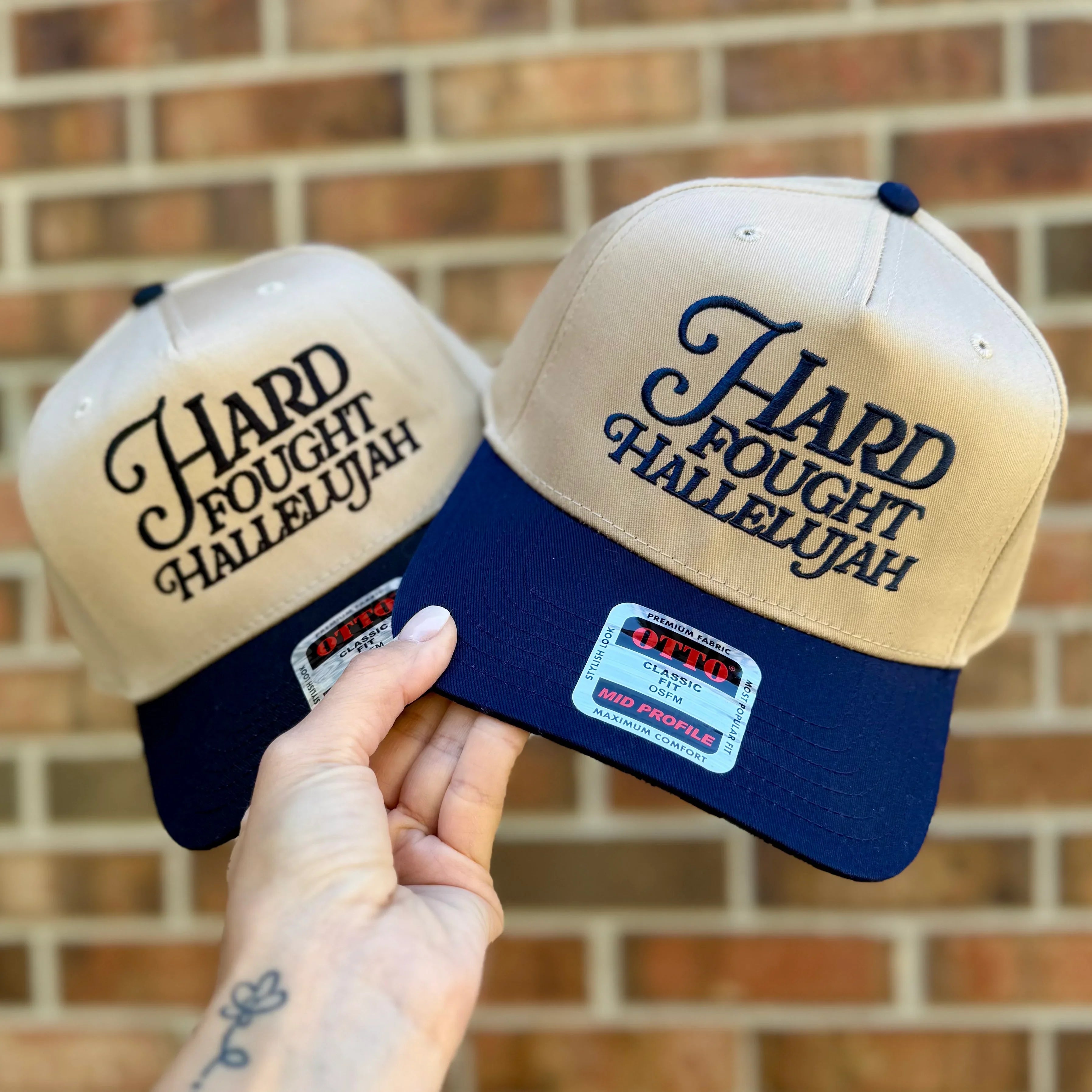 Hard Fought Hallelujah Embroidered Hat | Two Tone Trucker Hat | Faith Hat | Christian Gift | Puff Embroidery | Retro Baseball Cap