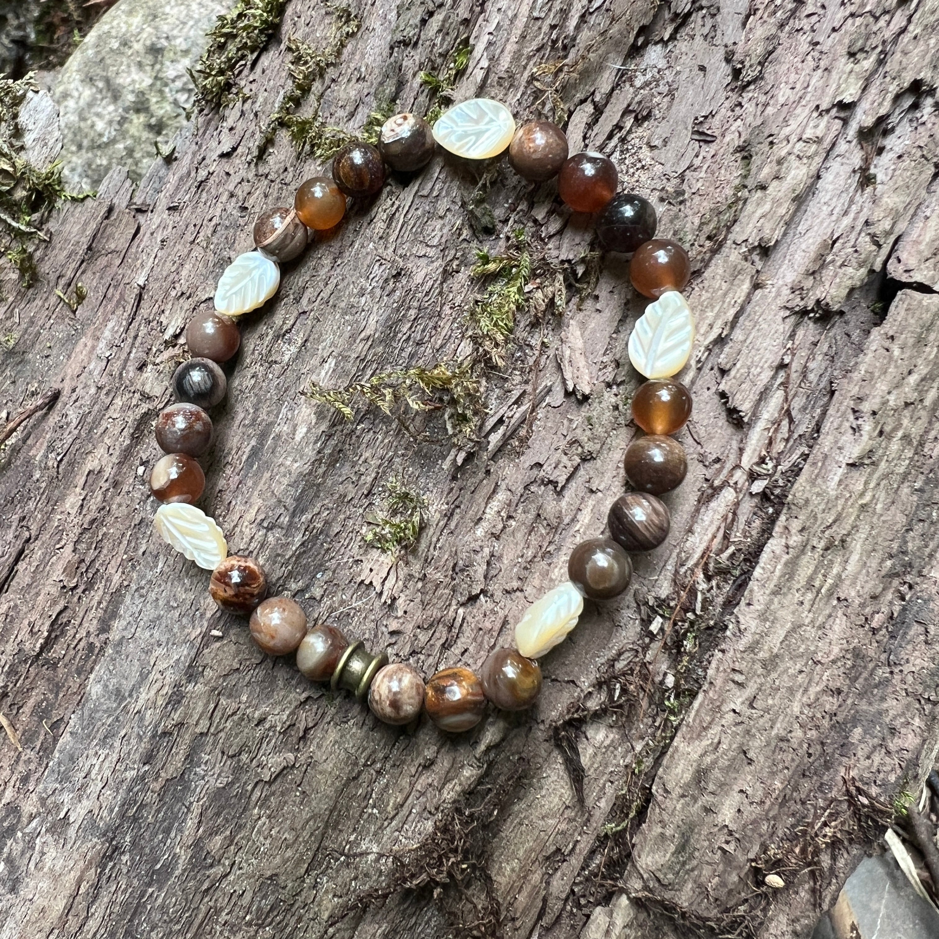 Falling Light Bracelet - Mother of Pearl + Wood Opal