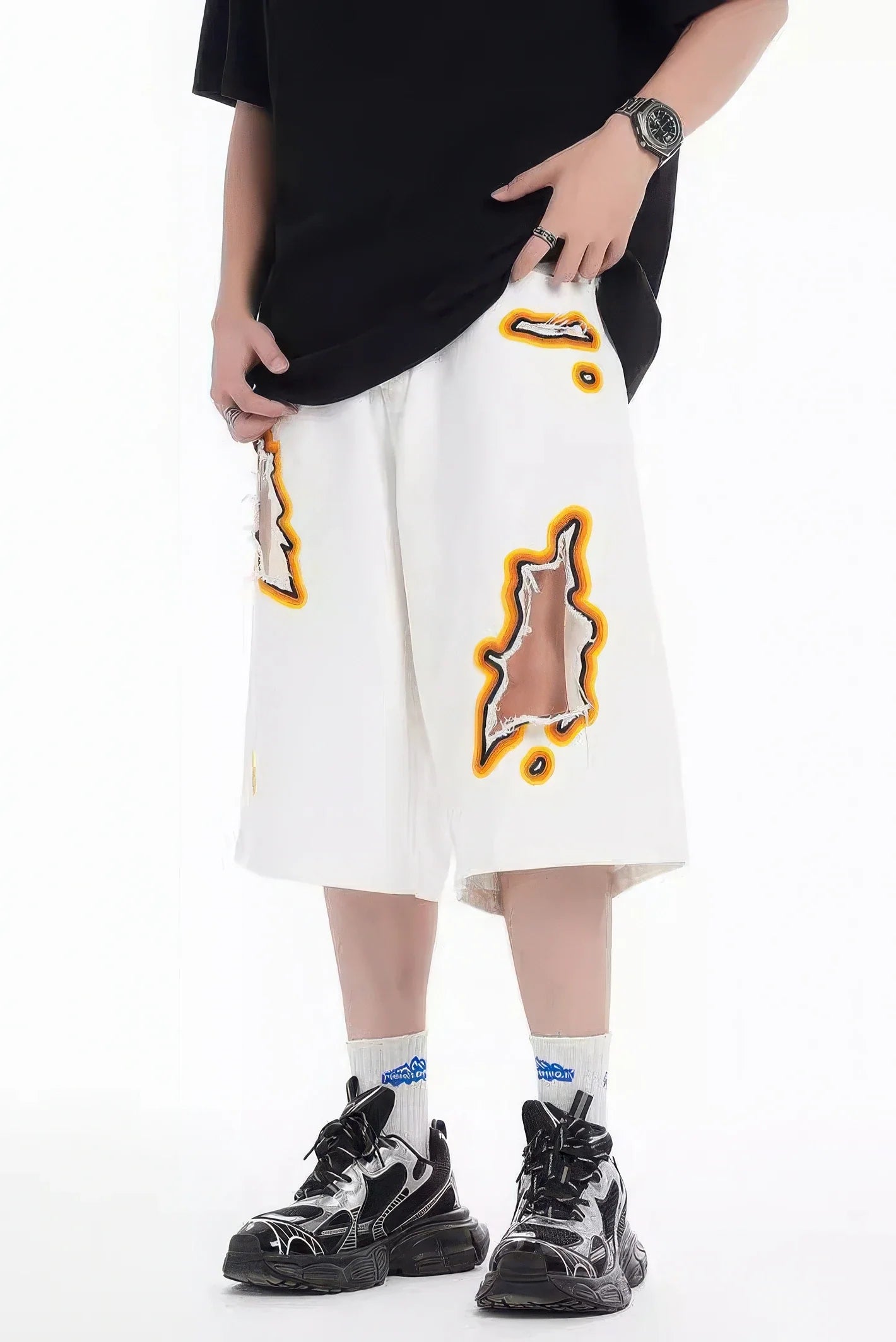 Flame Burnout Distressed Denim Shorts – Bold, Streetwear-Inspired Design