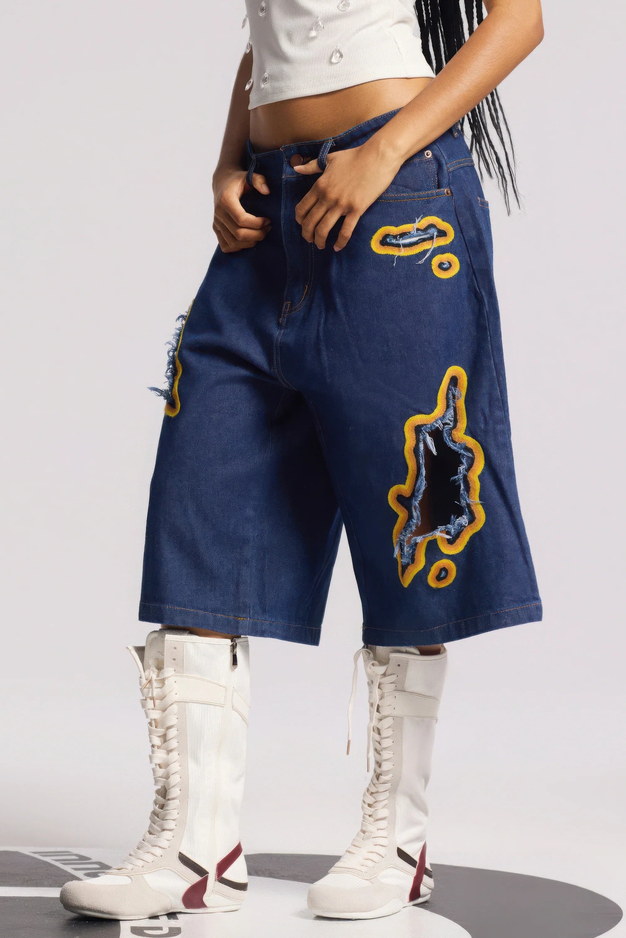 Flame Burnout Distressed Denim Shorts – Bold, Streetwear-Inspired Design