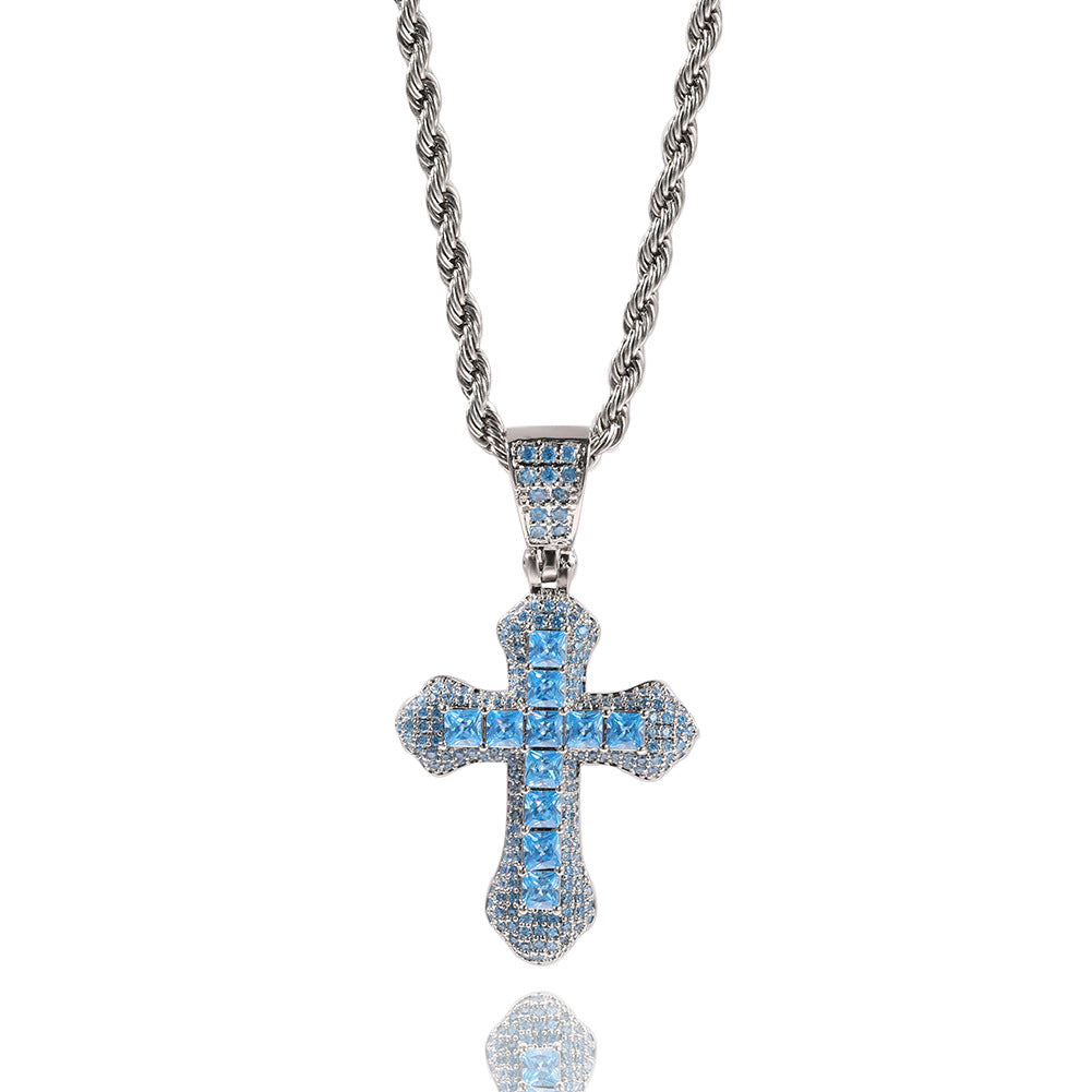Blue Zircon Cross Hip-hop Necklace