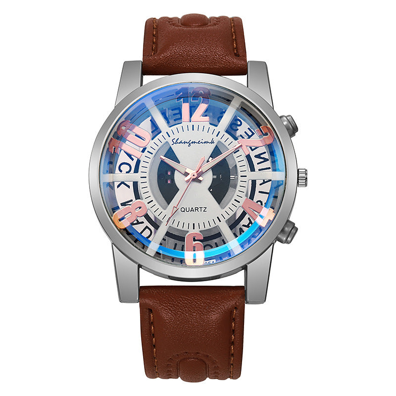 Large-dial, hollow-out blue-light men's watch.