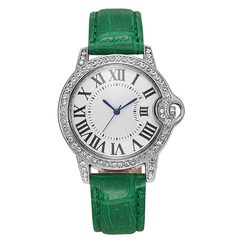 Fashion Diamond-Encrusted Women's Quartz Watch with Leather Strap