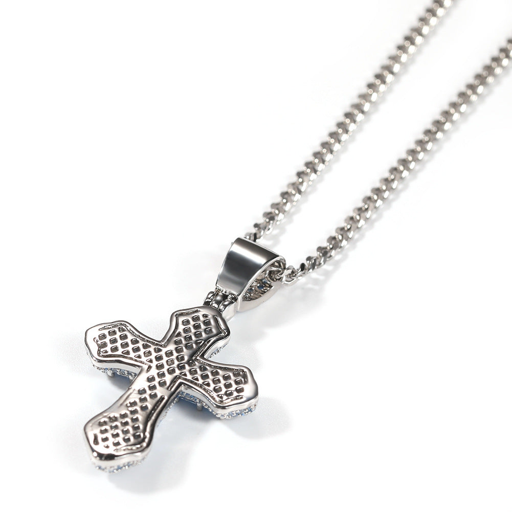 Blue Zircon Cross Hip-hop Necklace
