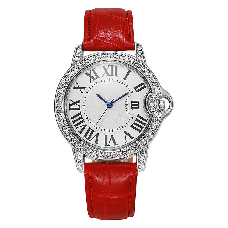 Fashion Diamond-Encrusted Women's Quartz Watch with Leather Strap
