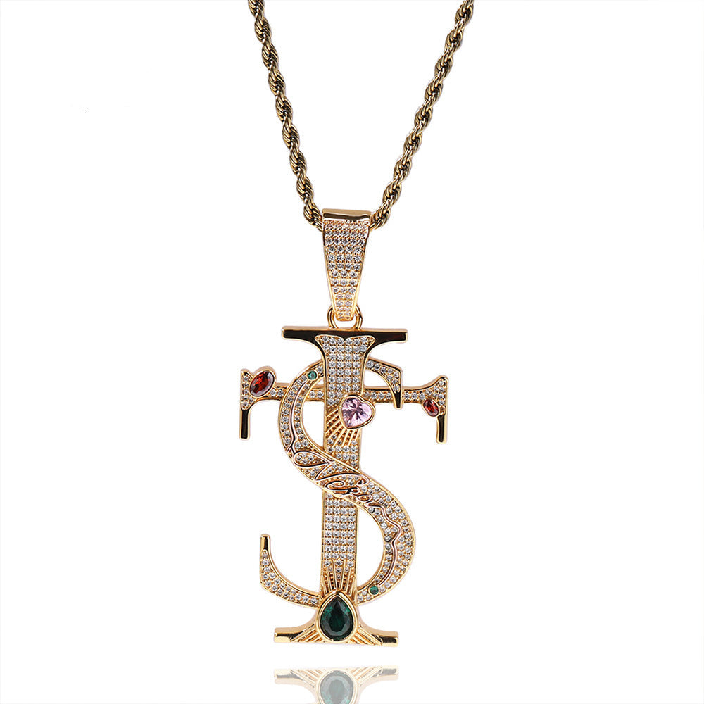 Hip-hop colored zircon TS cross necklace