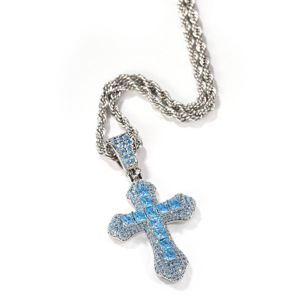 Blue Zircon Cross Hip-hop Necklace