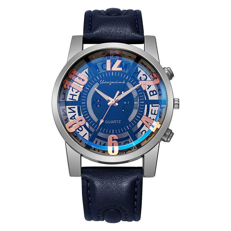 Large-dial, hollow-out blue-light men's watch.