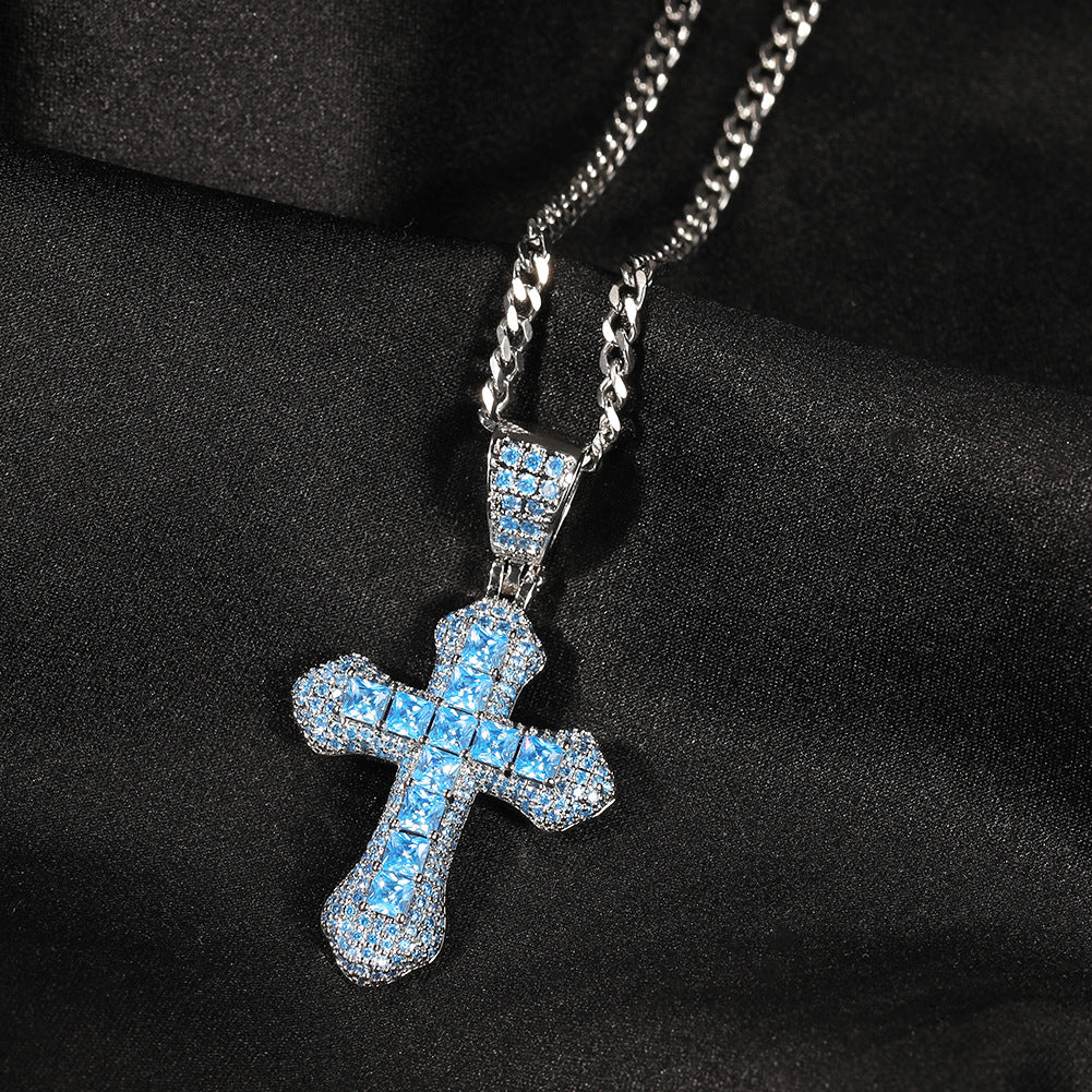 Blue Zircon Cross Hip-hop Necklace