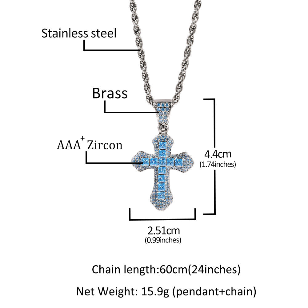 Blue Zircon Cross Hip-hop Necklace