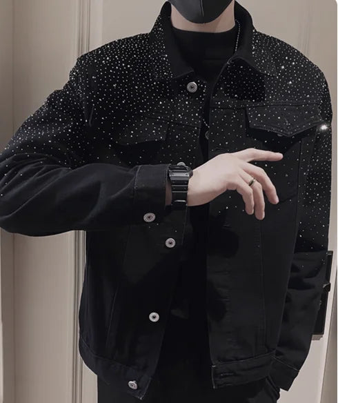 Men's Lapel Loose Version Versatile Shoulder Padded Jacket Casual Handsome Long Sleeve Chic Denim Top Hot Diamond Denim Jackets