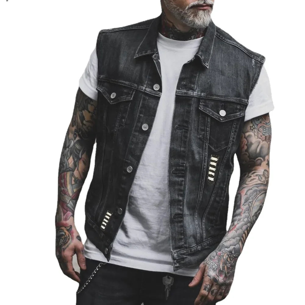 Skull Jean Jacket Men Motorcycle Denim Vest Large Size Spring Summer Streetwear Waistcoat Available 6XL Lugentolo