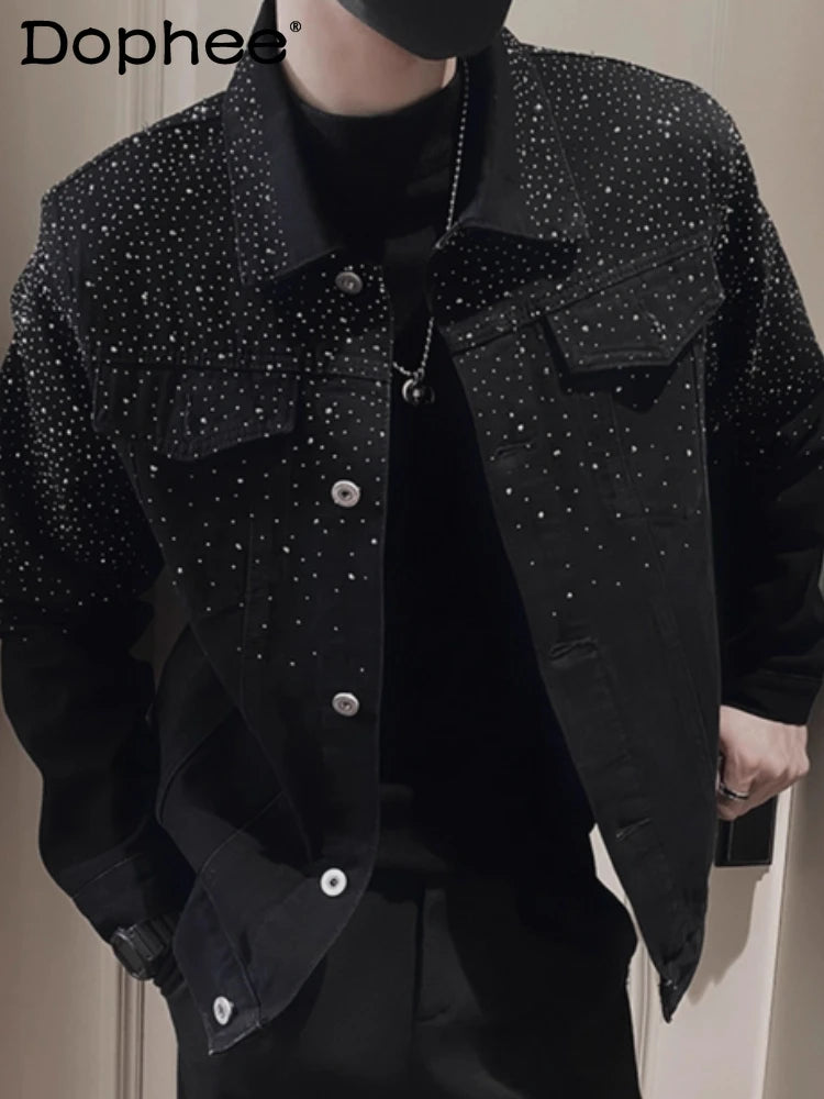 Men's Lapel Loose Version Versatile Shoulder Padded Jacket Casual Handsome Long Sleeve Chic Denim Top Hot Diamond Denim Jackets