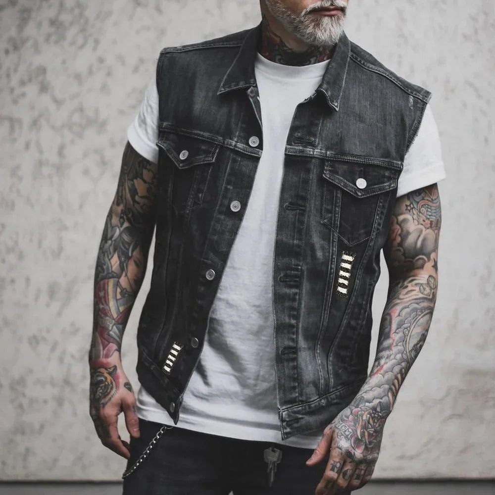 Skull Jean Jacket Men Motorcycle Denim Vest Large Size Spring Summer Streetwear Waistcoat Available 6XL Lugentolo