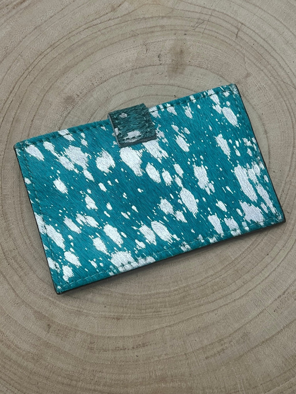 Cowhide Credit Card Wallet - Silver on Turquoise