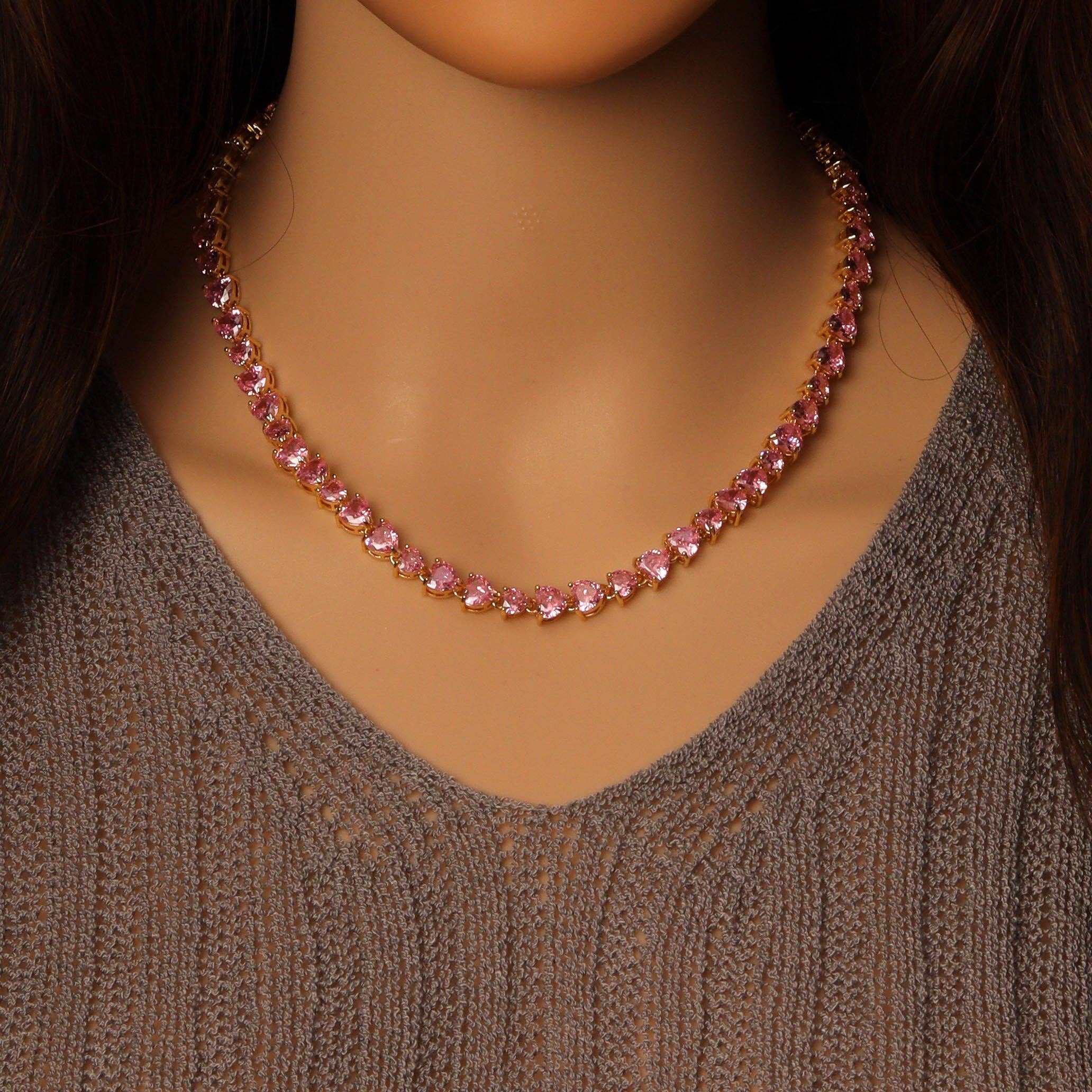 Pink Clear CZ Heart Necklace, Sku#LD511