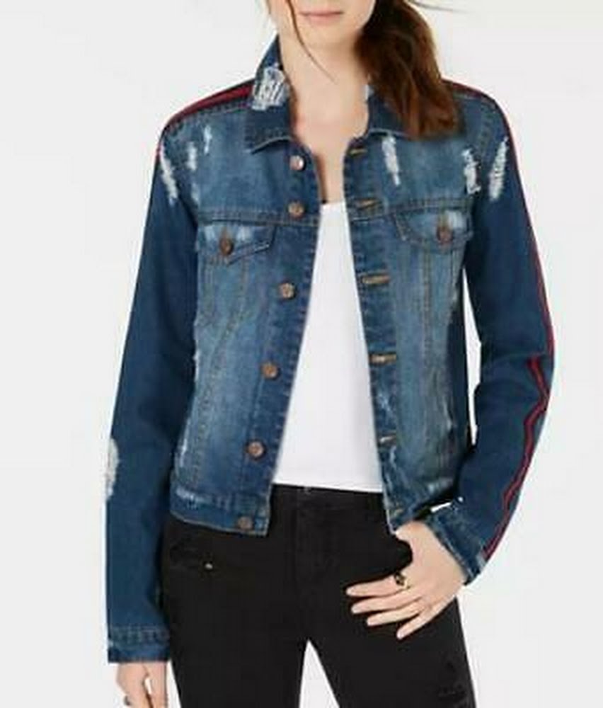 Almost Famous Juniors Varsity-Stripe Ripped Denim Jacket,XL