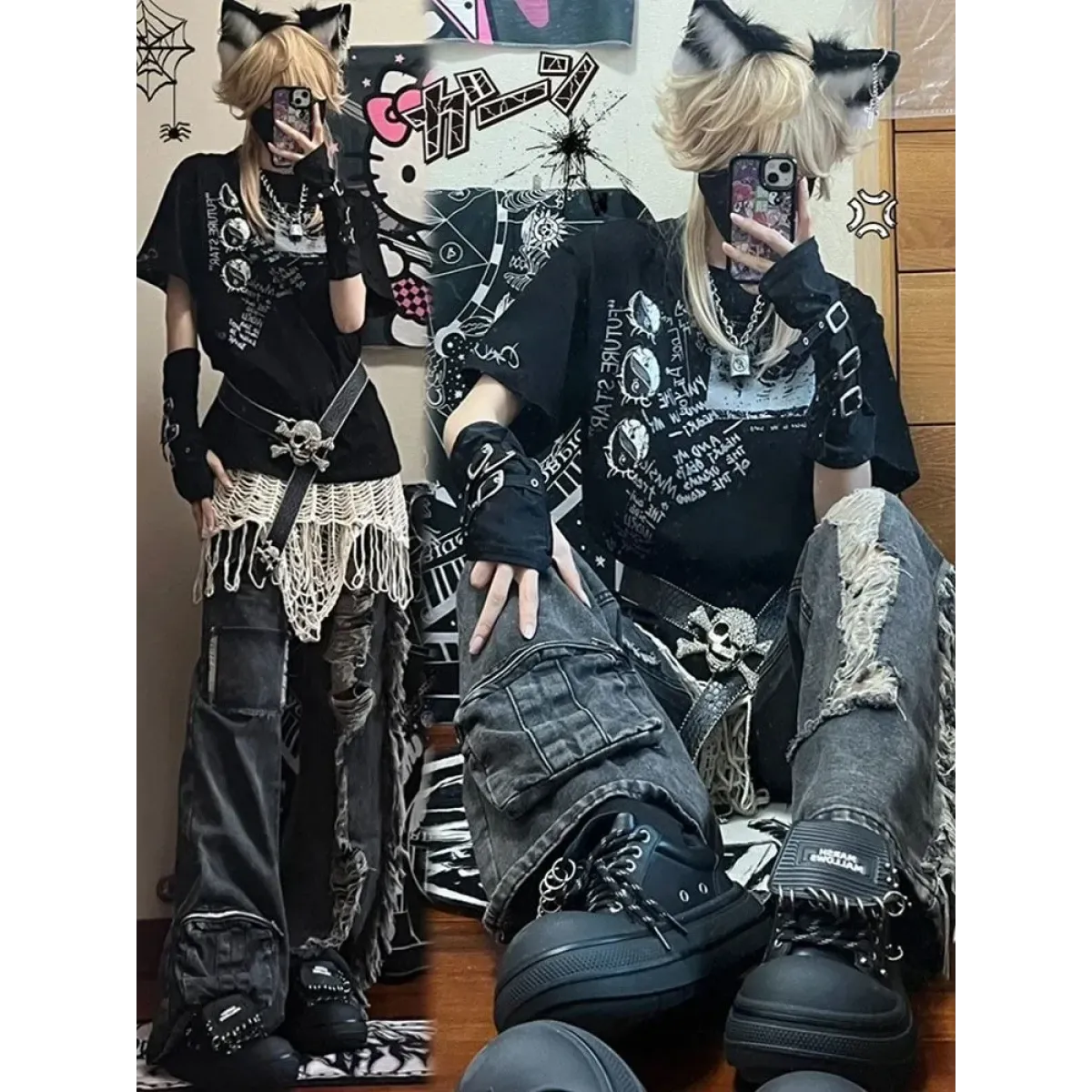 Ripped Cargo Jeans – Y2K E-Girl High Waist Streetwear Denim