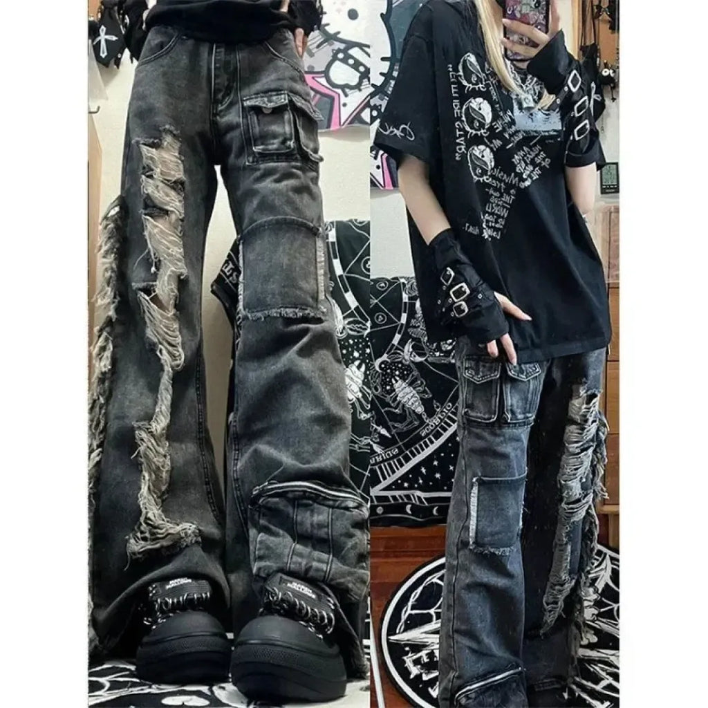 Ripped Cargo Jeans – Y2K E-Girl High Waist Streetwear Denim
