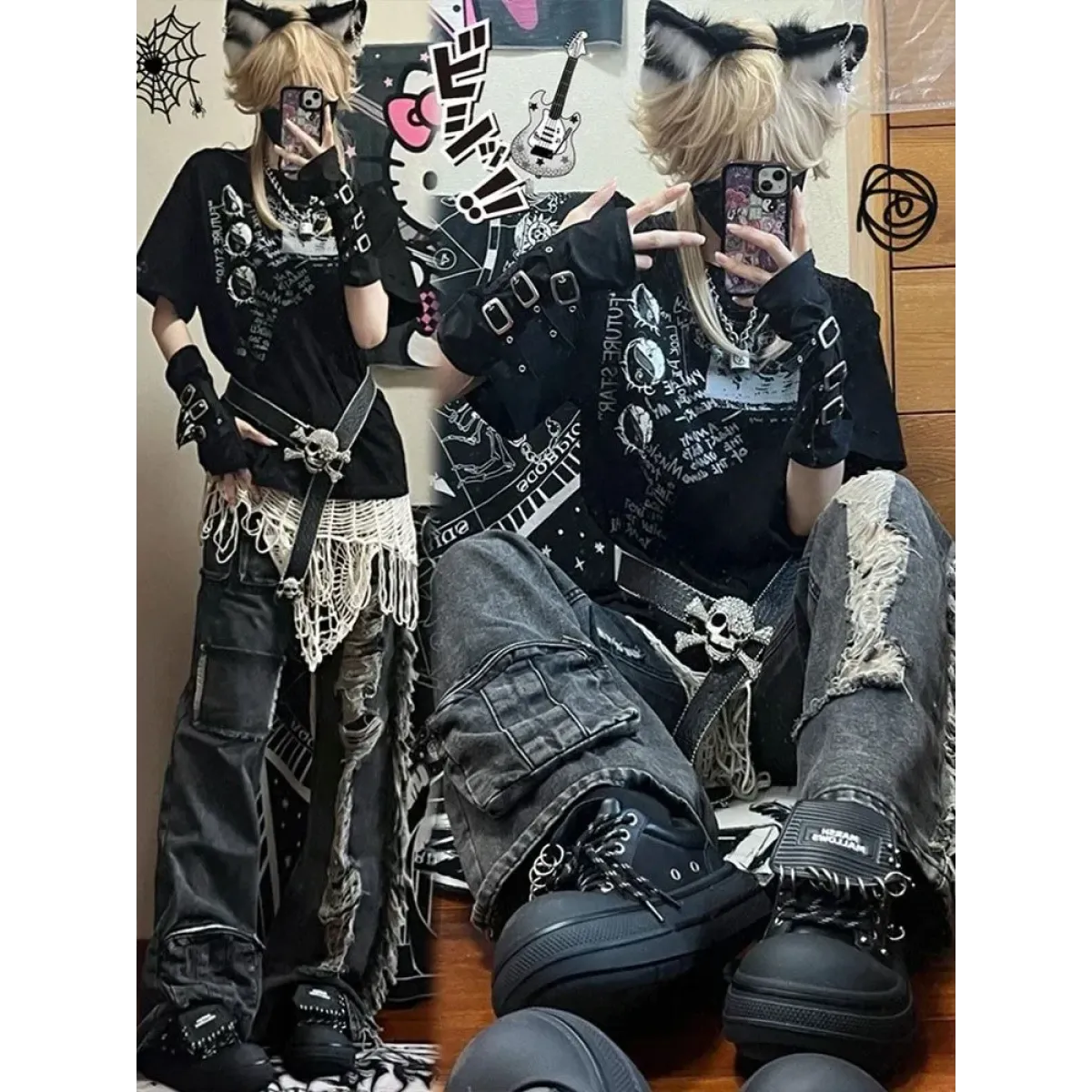 Ripped Cargo Jeans – Y2K E-Girl High Waist Streetwear Denim