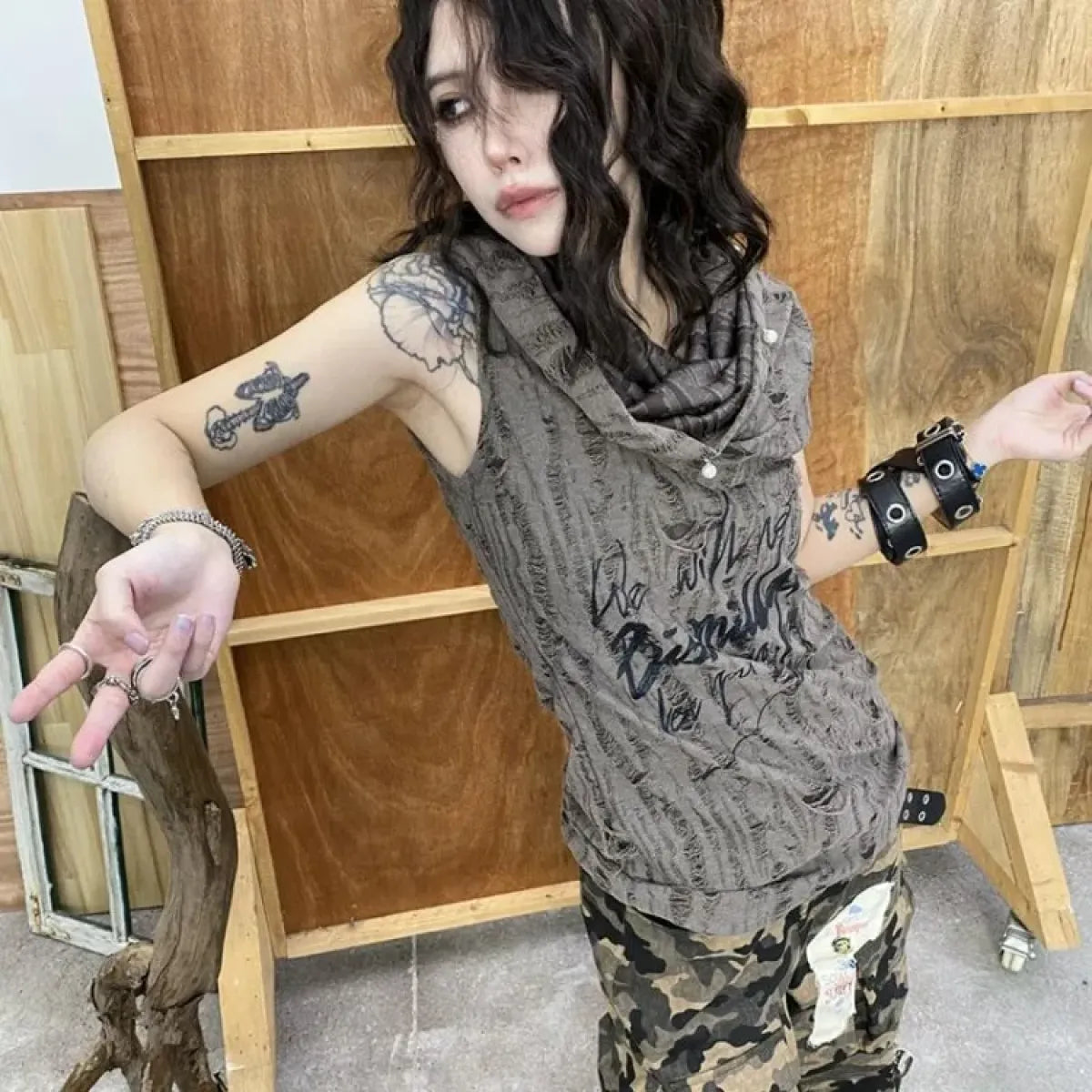 Distressed Hoodie Tank Top – Y2K Grunge Pearl Detail Tee