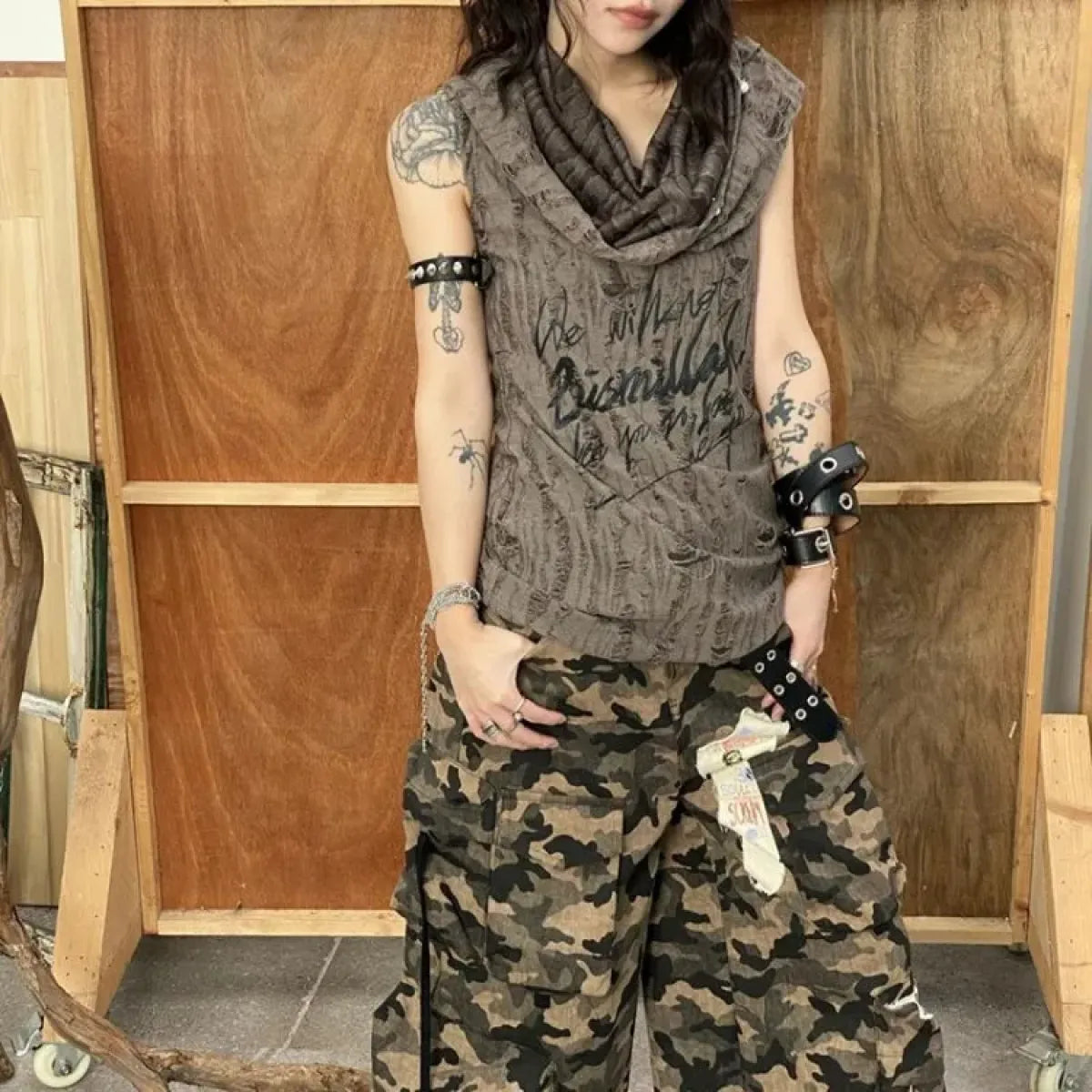 Distressed Hoodie Tank Top – Y2K Grunge Pearl Detail Tee