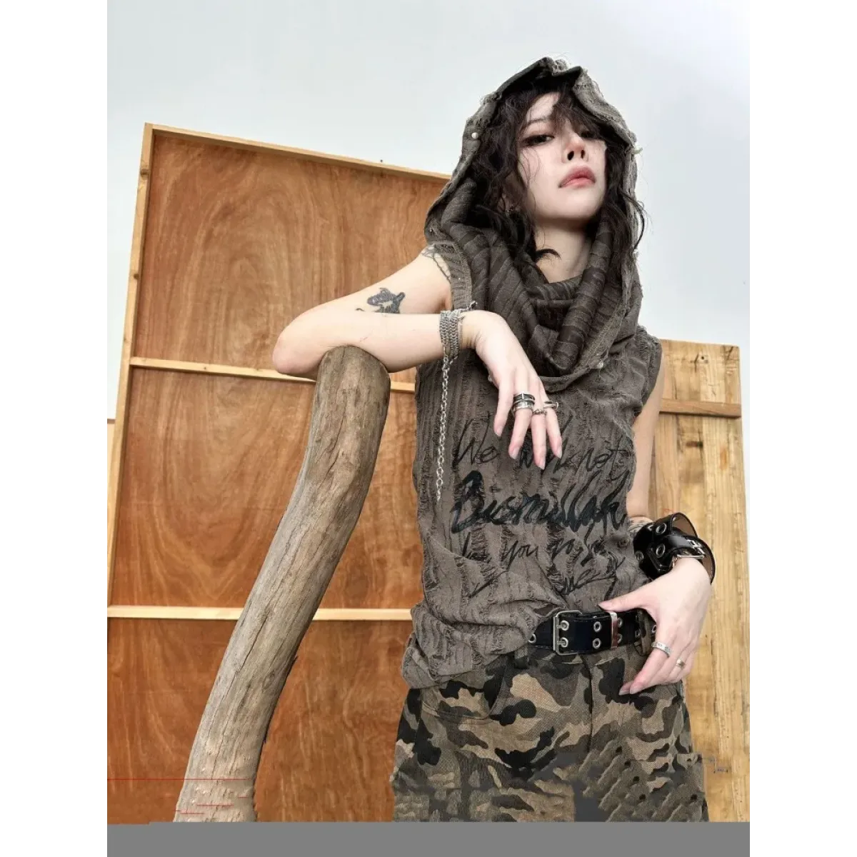 Distressed Hoodie Tank Top – Y2K Grunge Pearl Detail Tee