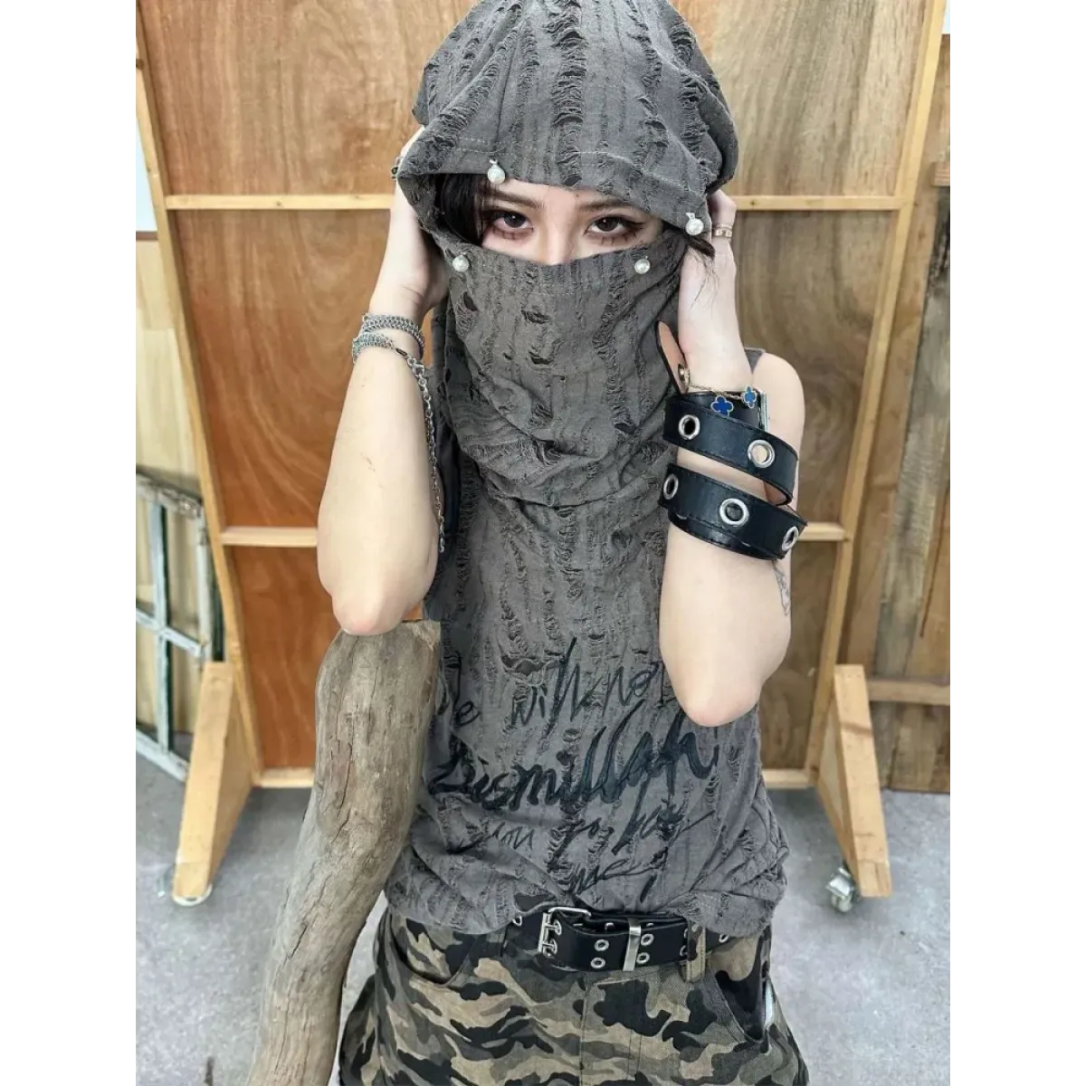 Distressed Hoodie Tank Top – Y2K Grunge Pearl Detail Tee